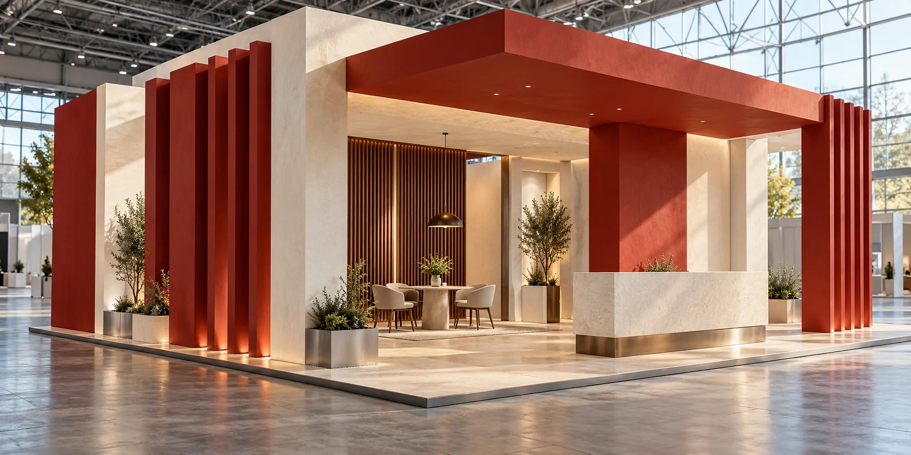 Concept architectural de stand d’exposition, volumes ivoire et vermillon